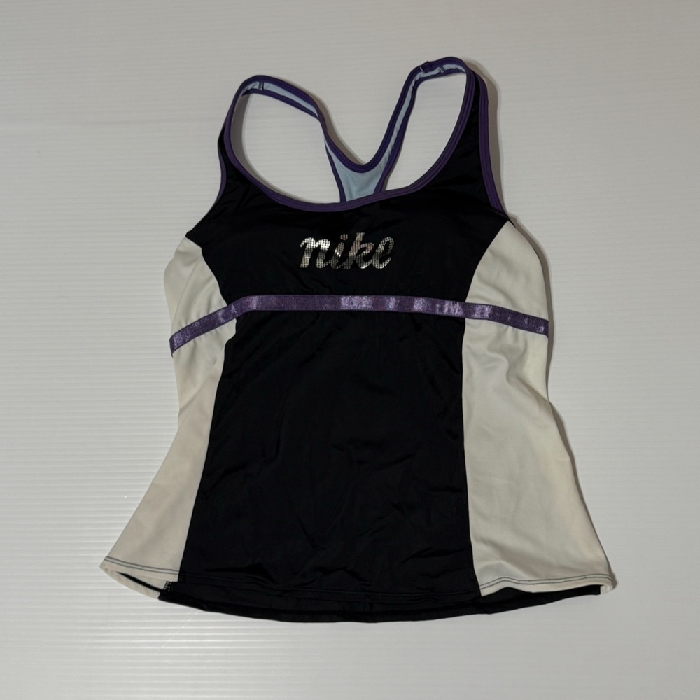 Vintage Y2K Nike Swim Tankini Graphic Logo Metallic purple band black and white
